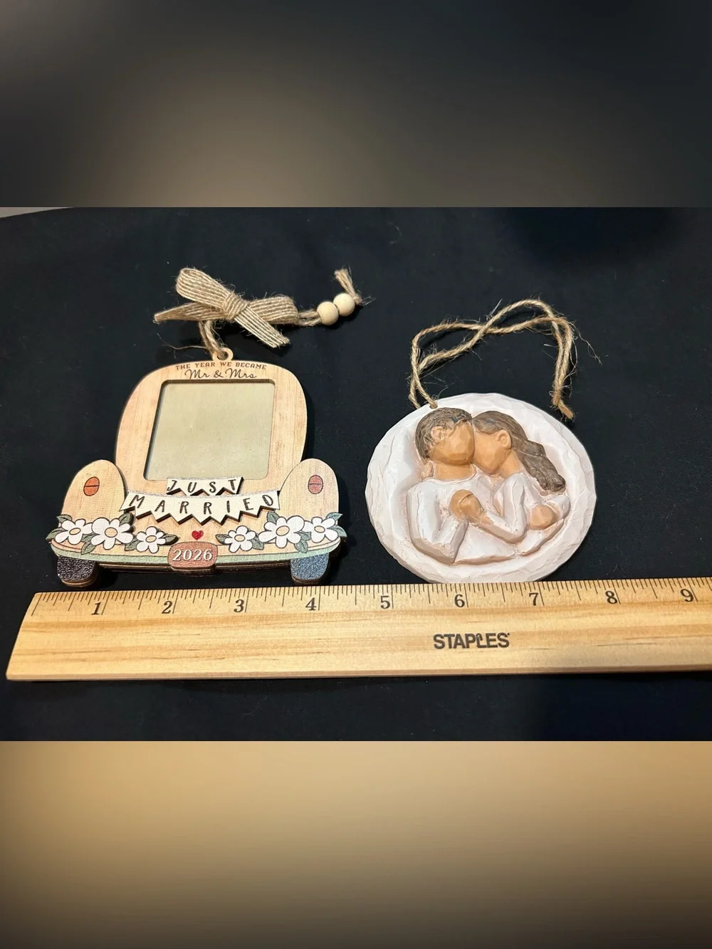 Just Married Wooden Ornament Frame in Natural and Cream - Wedding Keepsake